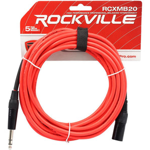 Rockville RCXMB20R 20' Male REAN XLR to 1/4'' TRS Cable Red 100% Copper