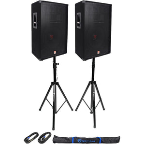 (2) Rockville RSG15 15” 3-Way 1500 Watt 8-Ohm DJ PA Speaker +Stands +Cables
