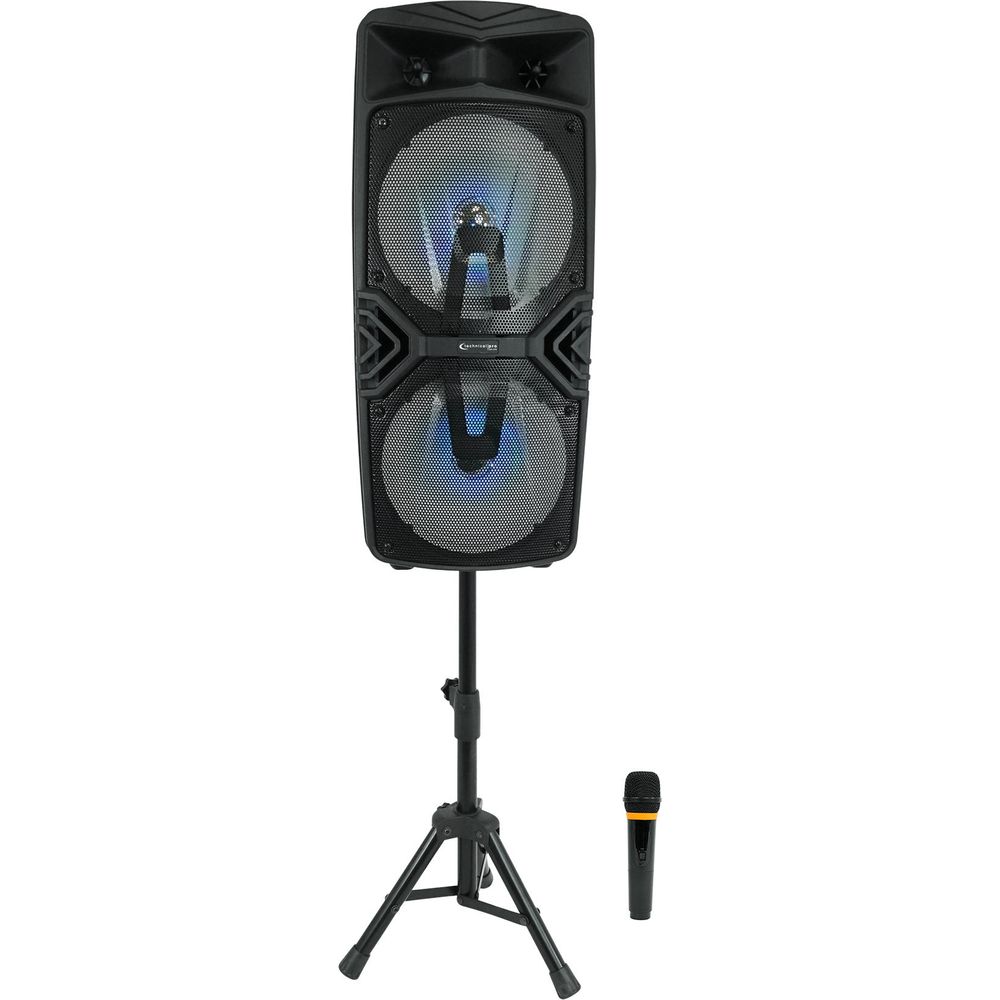 (2) STAGE28 Dual 8" Wireless Linking Rechargeable LED Speakers w/Stands & Mics