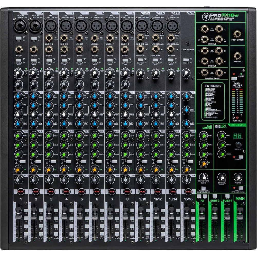 ProFX16v3 16-Channel Effects Mixer w/USB + (3) Mics + Case + Cables