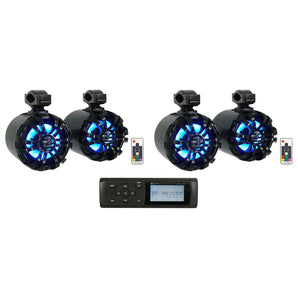MB Quart MDR2.0 Marine/Boat Bluetooth Receiver+(4) Black 6.5" LED Tower Speakers