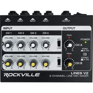 Rockville LINE8 8-Channel Line/Mic Mixer/Stereo/Mono/Battery Operated or Adapter