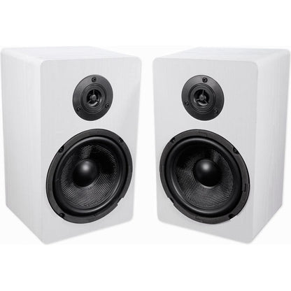 RockShelf 68W White 6.5" Home Bookshelf Speakers + 8" Desktop Stands
