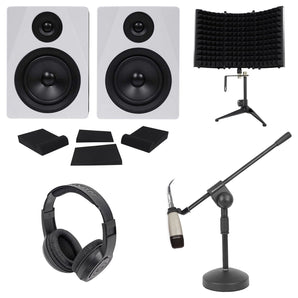 2) Rockville 5.25" Powered Studio Monitors+Mic+Headphones+Stand+Shield+Pads