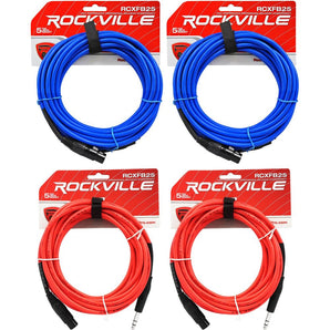 4 Rockville 25' Female Rean XLR to 1/4'' TRS Cables (2 Red and 2 Blue)