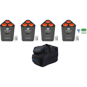 4) Rockville RockWedge LED RGBWA+UV Rechargeable Battery Wireless DMX Lights+Bag
