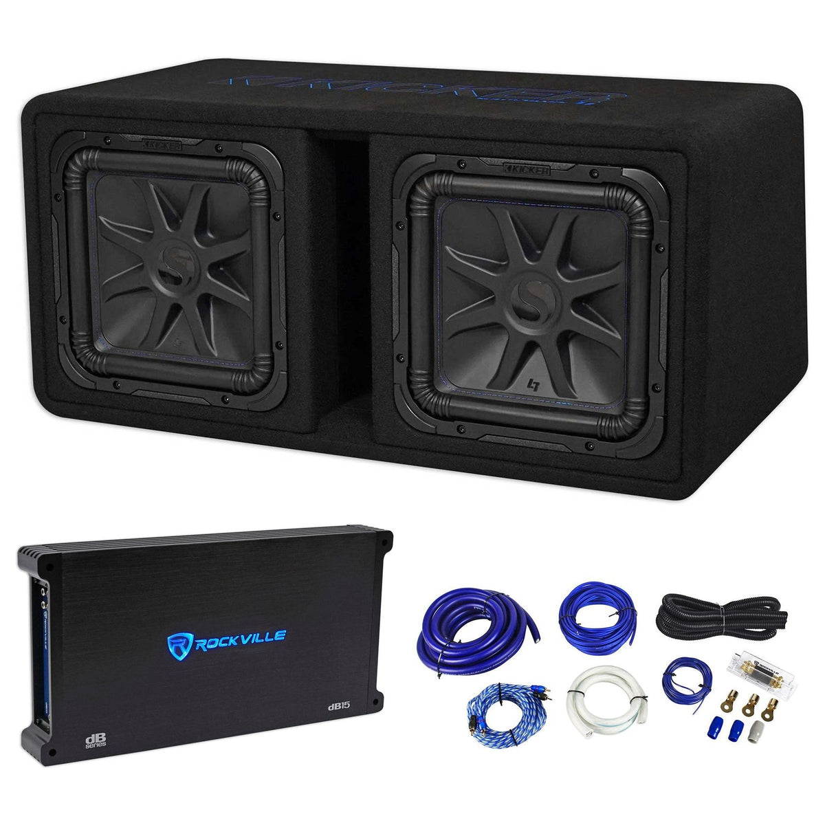 Kicker 44DL7S122 Dual 12" 3000w L7 Solo-Baric L7S Loaded Subwoofer Box+Amp+Wires