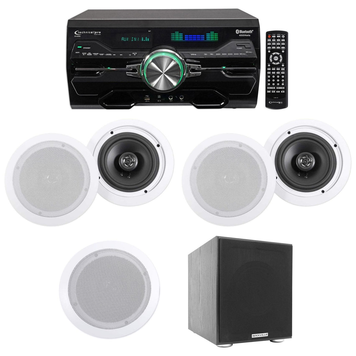 4000W Bluetooth DVD Receiver with (5) 6.5" Ceiling Speakers & Powered Subwoofer