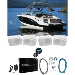 Rockville RGHR2 Marine Boat Receiver w Bluetooth USB+(4) 4" Box Speakers+Amp