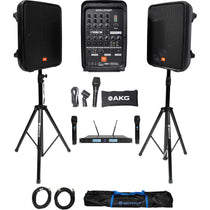 JBL EON208P 8" Bluetooth Speakes+Stands+Mixer+(2) Wireless UHF Microphones