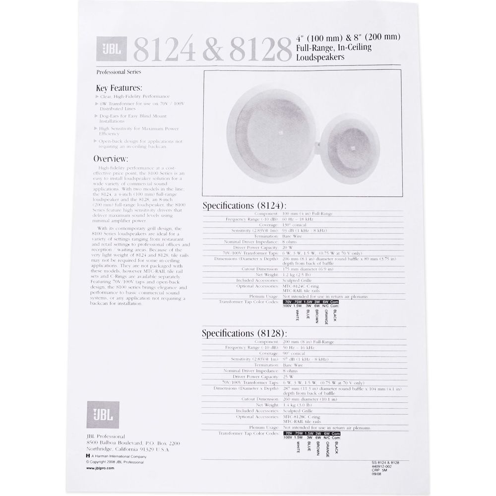 (4) JBL 8124 4" Full Range Commercial 70V/100V 6w Ceiling Speakers 4 Restaurant