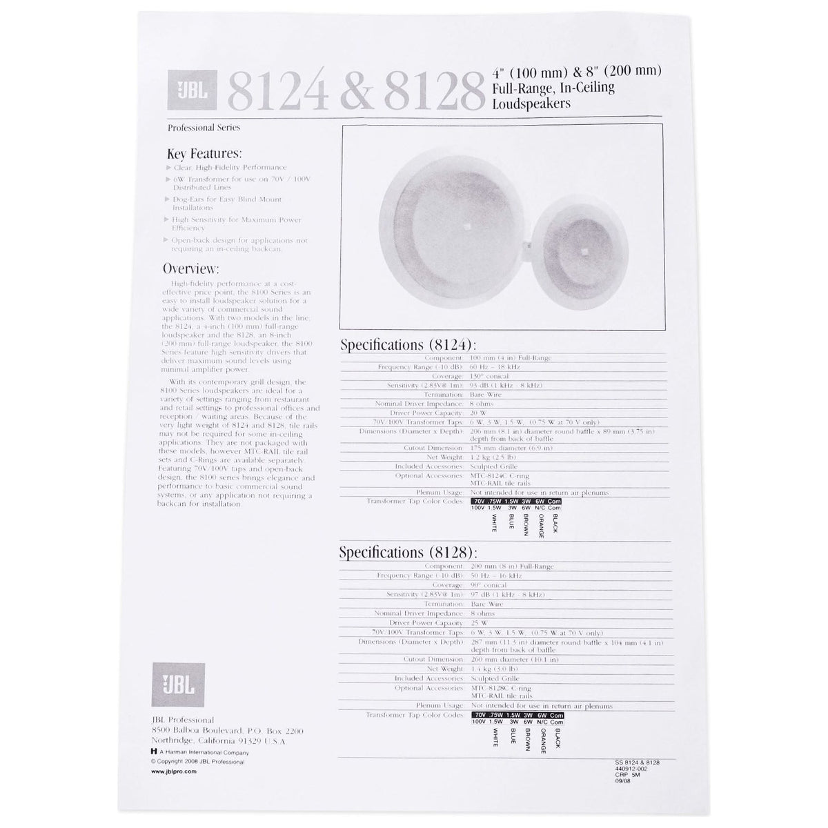 JBL 8124 4" Full-Range 70V/100V Ceiling Speakers, Set of 10