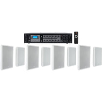 6-Zone 70V Amplifier + (8) Slim White Restaurant/Bar/Cafe Wall Speakers