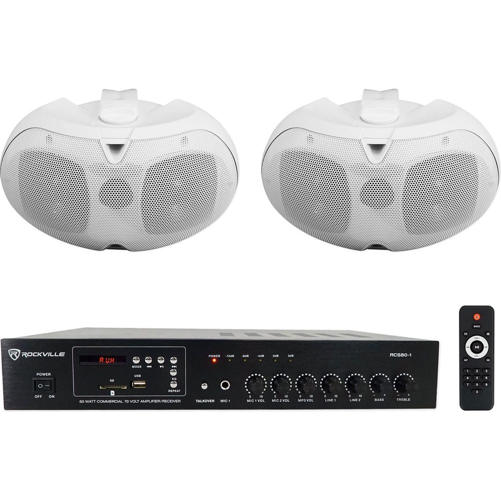 Commercial Amplifier + 2 White Dual 4" 70V Patio Wall Speakers