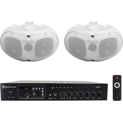 Commercial Amplifier + 2 White Dual 4" 70V Patio Wall Speakers