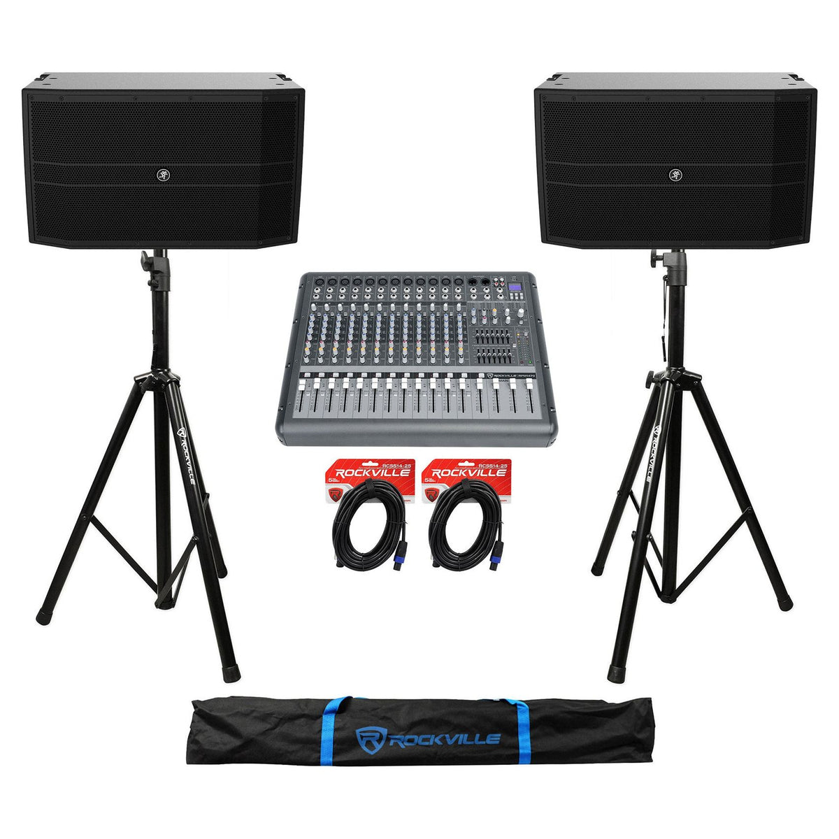 (2) DRM12A-P 2000W Passive PA Speaker Bundle with Powered Mixer & Stands