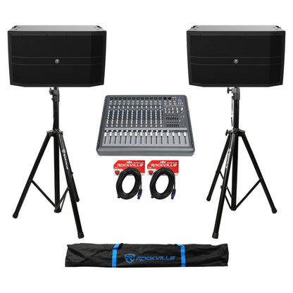 (2) DRM12A-P 2000W Passive PA Speaker Bundle with Powered Mixer & Stands