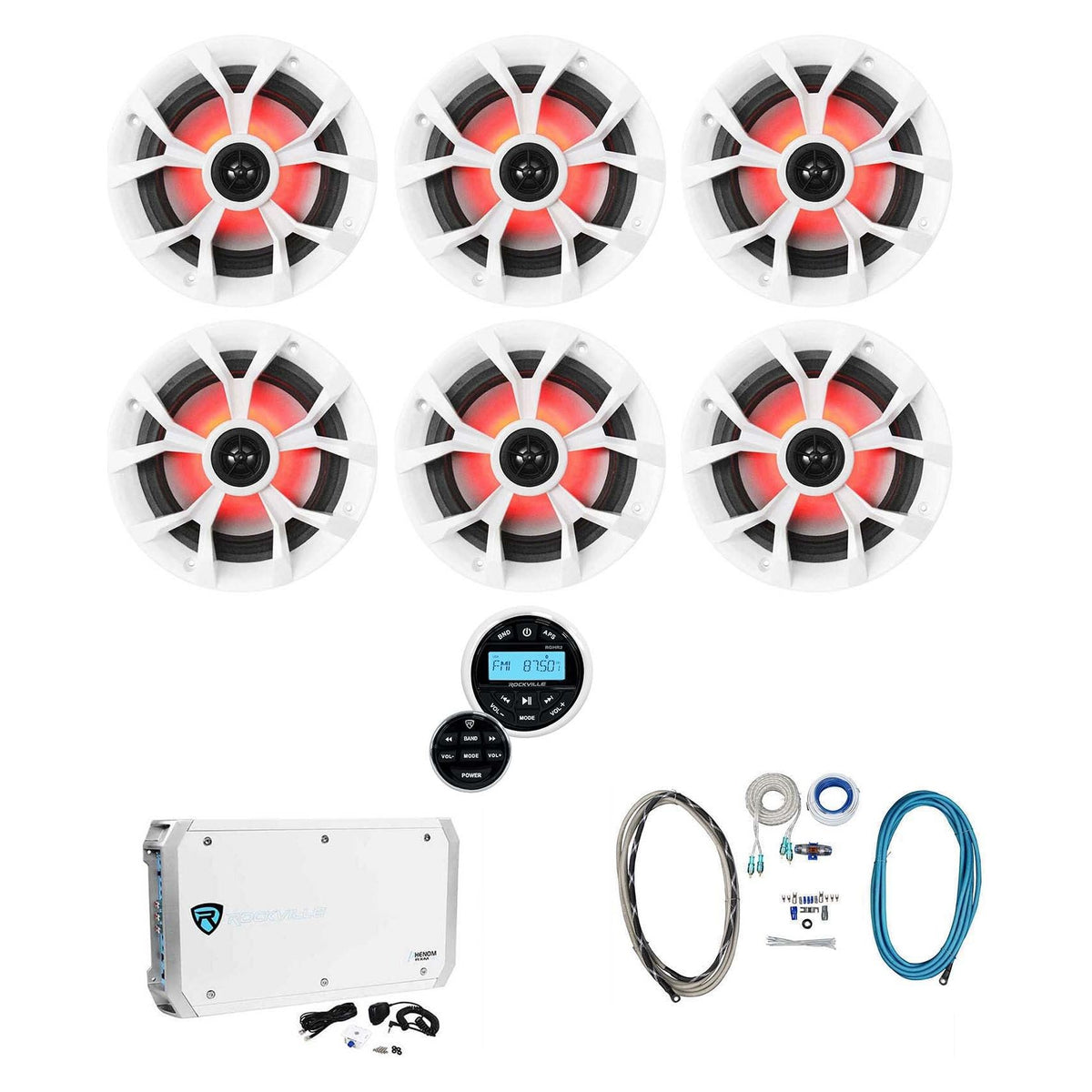 RKL65MBW 6.5" LED 6-Pack + Marine Receiver + 6-Channel Amp Bundle