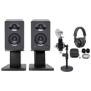 SAMSON Studio Monitors+Desk Stands+Recording Mic+Headphones 4 Podcast Podcasting