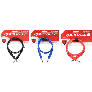 3 Rockville 3' 1/4'' TRS to 1/4'' TRS  Cable 100% Copper (3 Colors)
