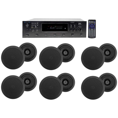 H12X500UBT 6-Zone Receiver + (12) Black 5.25 In Ceiling Speakers For Restaurant/Bar