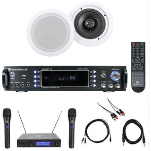 Rockville 1000w Karaoke Bluetooth Amp/Mixer +(2) Ceiling Speakers+Wireless Mics