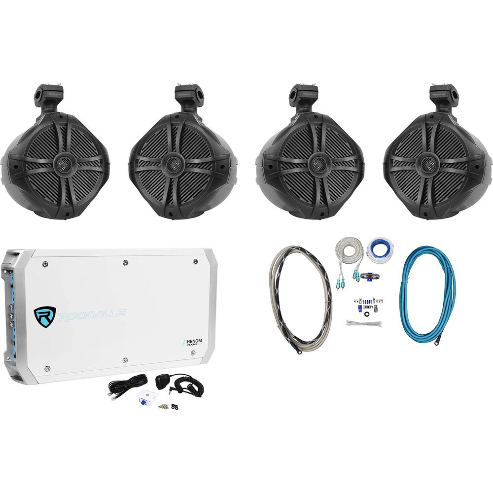 4 RWB90B 8" Wakeboard Marine Speakers + 6-Channel Amplifier + Amp Kit