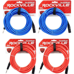 4 Rockville 30' Male REAN XLR to 1/4'' TRS Cable (2 Red and 2 Blue)