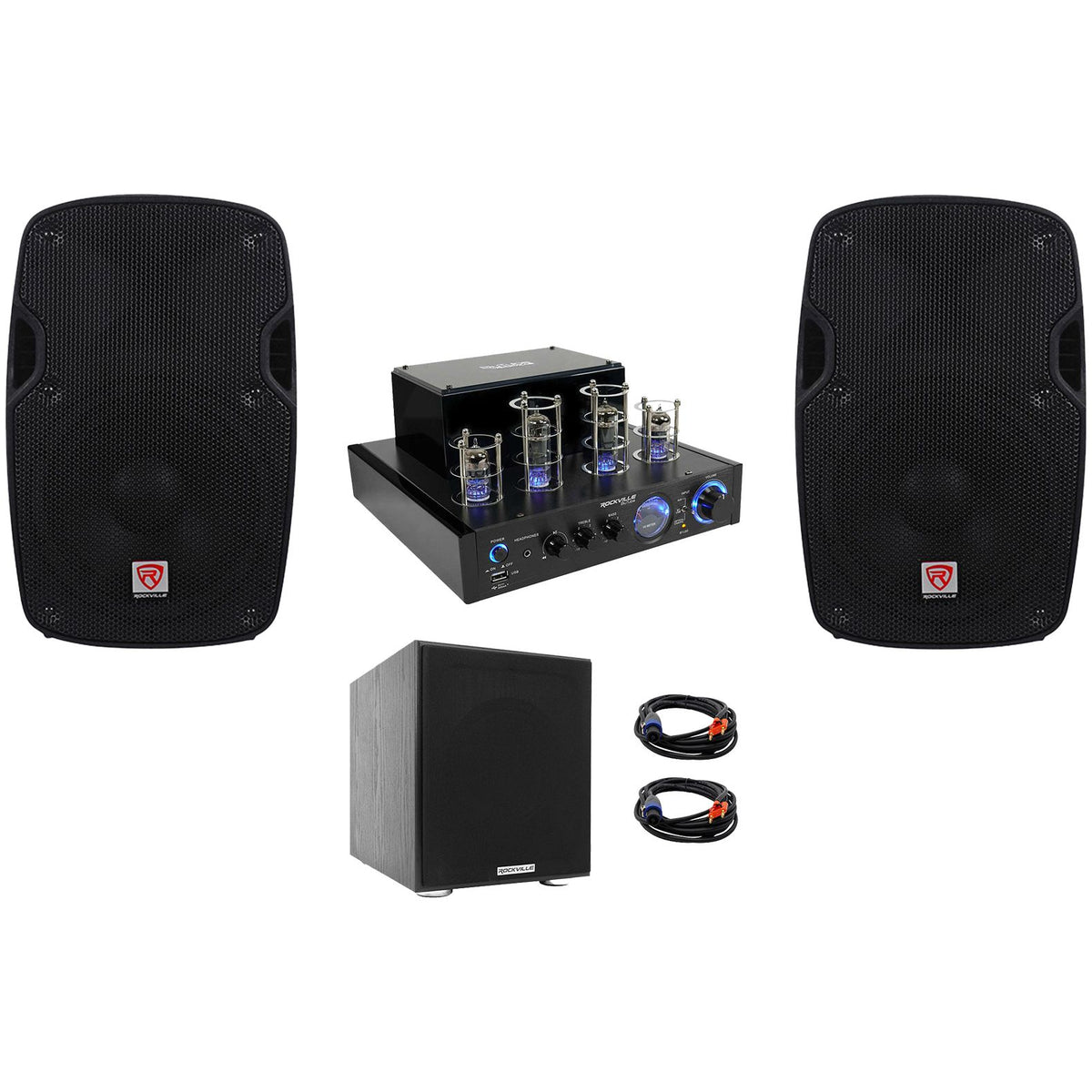 BluTube LED Tube Amplifier + (2) 8" PA Speakers + 8" Subwoofer