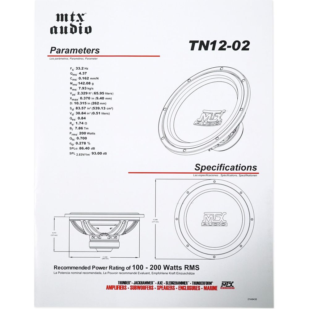 MTX Terminator TN12-02 12” 400 Watt 2 Ohm Car Audio Subwoofer Sub TN1202