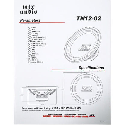 MTX Terminator TN12-02 12” 400 Watt 2 Ohm Car Audio Subwoofer Sub TN1202