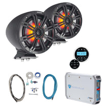 2) KICKER KMFC65 6.5" 195w Black Marine LED Surface Mount Speakers+Receiver+Amp