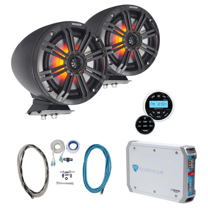 2) KICKER KMFC65 6.5" 195w Black Marine LED Surface Mount Speakers+Receiver+Amp