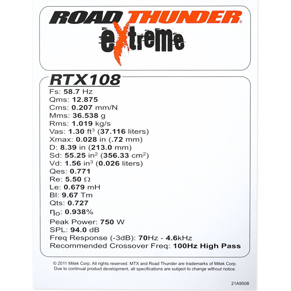 Thunder RTX108 10" Mid-Bass Speaker Pair, 8-Ohm