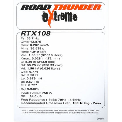 Thunder RTX108 10" Mid-Bass Speaker Pair, 8-Ohm
