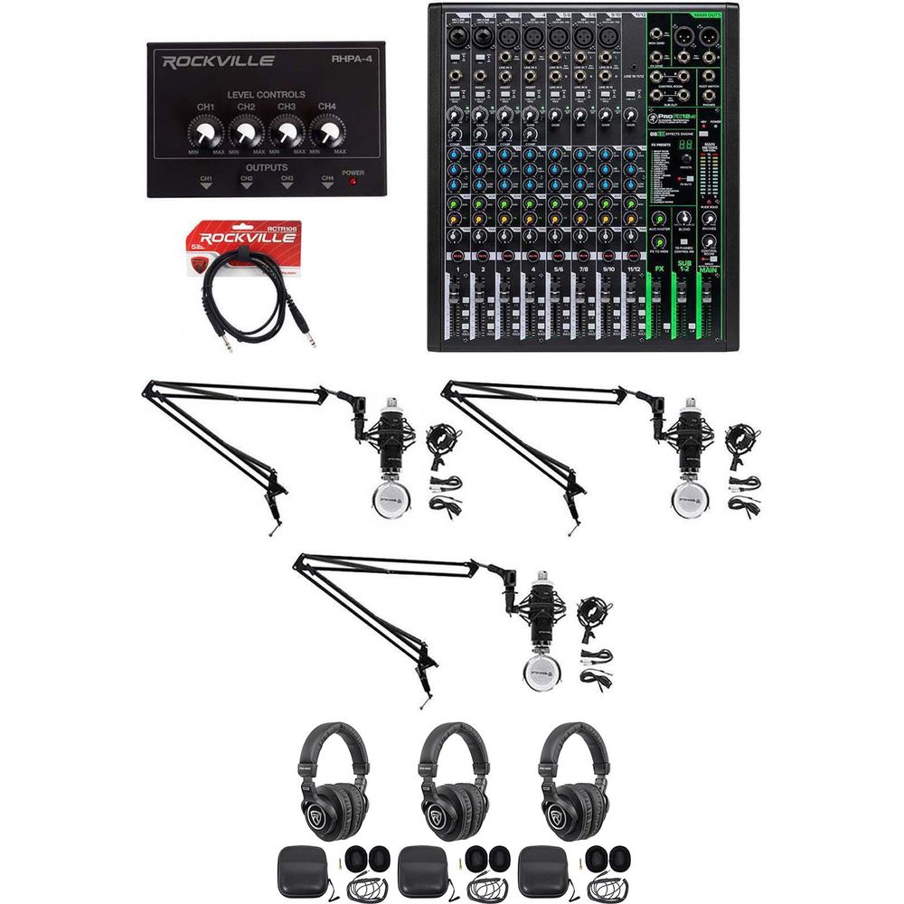 3-Person Podcast Recording Kit with ProFX12v3 Mixer and Boom Arms