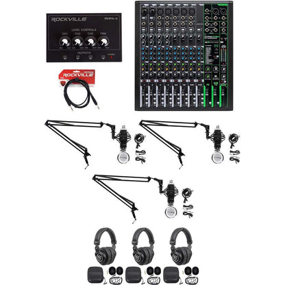 3-Person Podcast Recording Kit with ProFX12v3 Mixer and Boom Arms