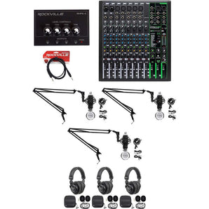 3-Person Podcast Podcasting Recording Kit w/Mackie ProFX12 v3 Mixer+Boom Arms