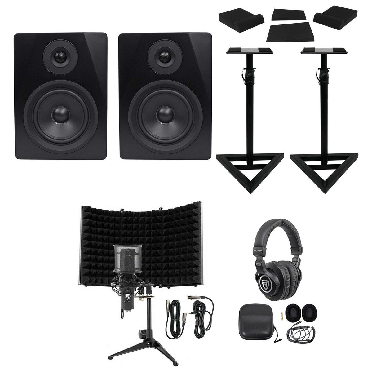 (2) APM5B 5.25" Powered Studio Monitors + Stands + Mic + Headphones + Shield