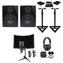 (2) APM5B 5.25" Powered Studio Monitors + Stands + Mic + Headphones + Shield