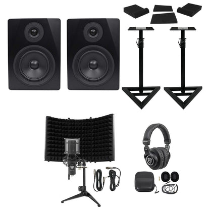 (2) APM5B 5.25" Powered Studio Monitors + Stands + Mic + Headphones + Shield