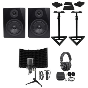 (2) Rockville APM5B 5.25" Powered Studio Monitors+Stands+Mic+Headphones+Shield