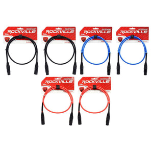 6 Rockville 3' Female to Male REAN XLR Mic Cable (3 Colors x 2 of Each)