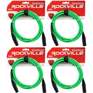 4 Rockville RCXFM10P-G Green 10' Female to Male REAN XLR Mic Cables 100% Copper