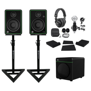 Studio Bundle (2) Mackie CR4-XBT 4" Studio Monitors+8" Sub+Headphones+Mic+Stands