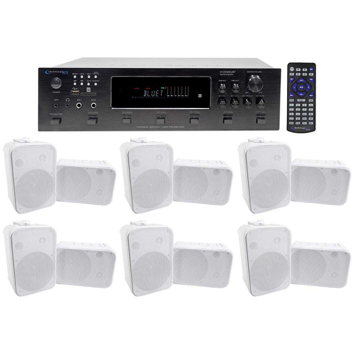 H12X500UBT 6-Zone Receiver + (12) White 6.5 In Outdoor/Indoor Speakers For Restaurant/Bar
