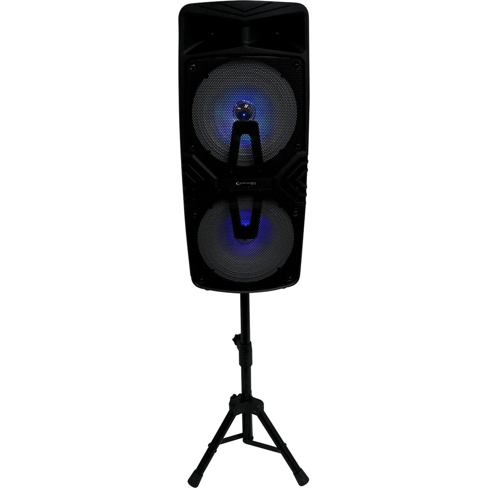 (2) STAGE28 Dual 8" Wireless Linking Rechargeable LED Speakers w/Stands & Mics