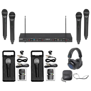 Samson Stage-412 Quad Handheld VHF Wireless Microphones+2) Wired Mics+Headphones