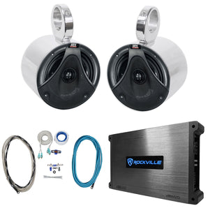 (2) MTX 6.5" 150w Silver Marine Boat Wakeboard Tower Speakers+Amplifier+Wires