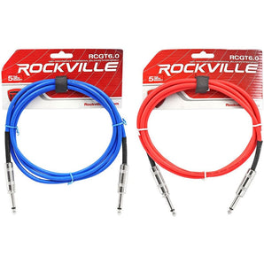 2 Rockville 6'  1/4" TS to 1/4'' TS Guitar/Instrument Cable (Red and Blue)